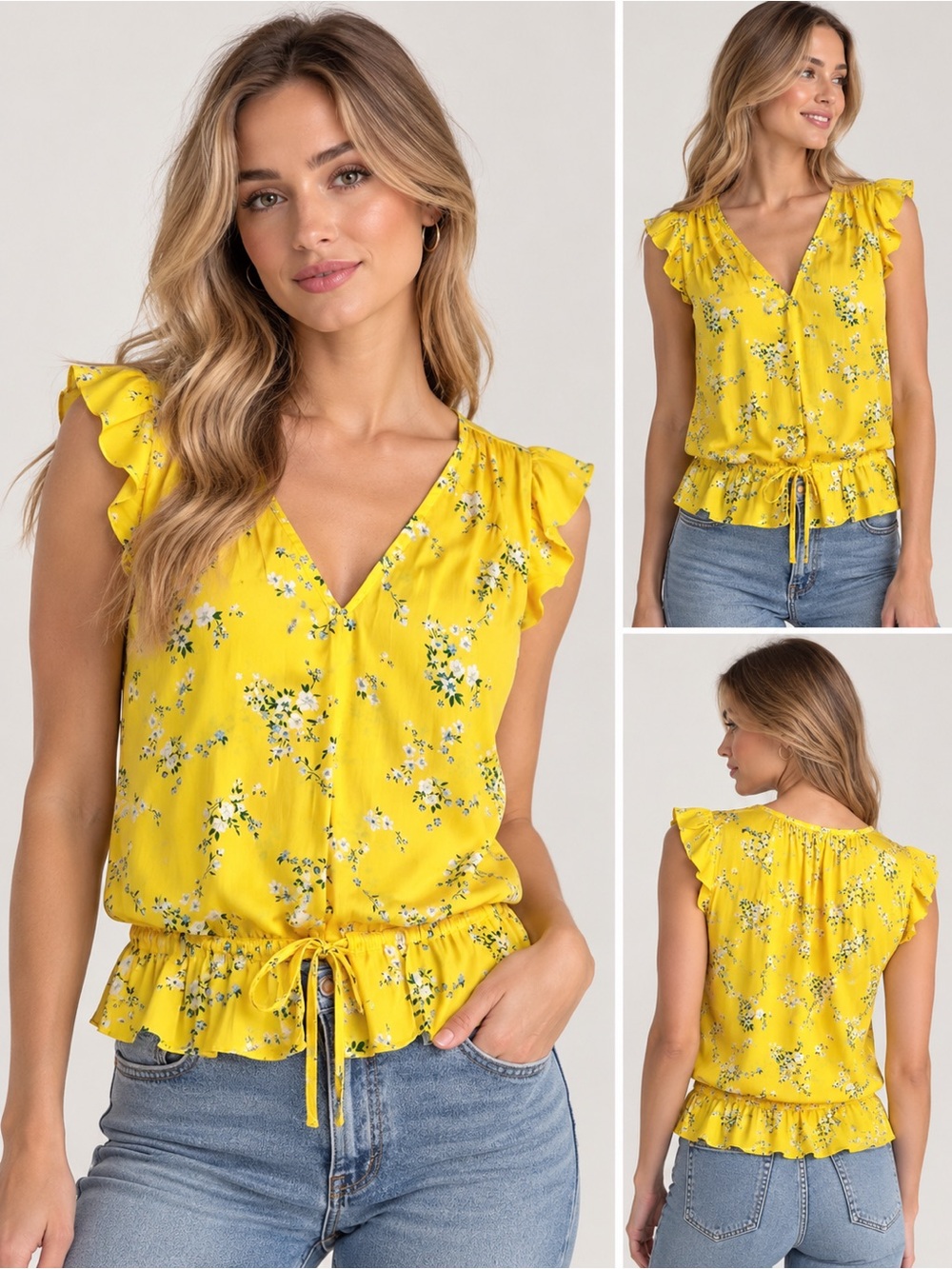 Banana Republic Yellow Floral Ruffle Hem Sleeveless Blouse